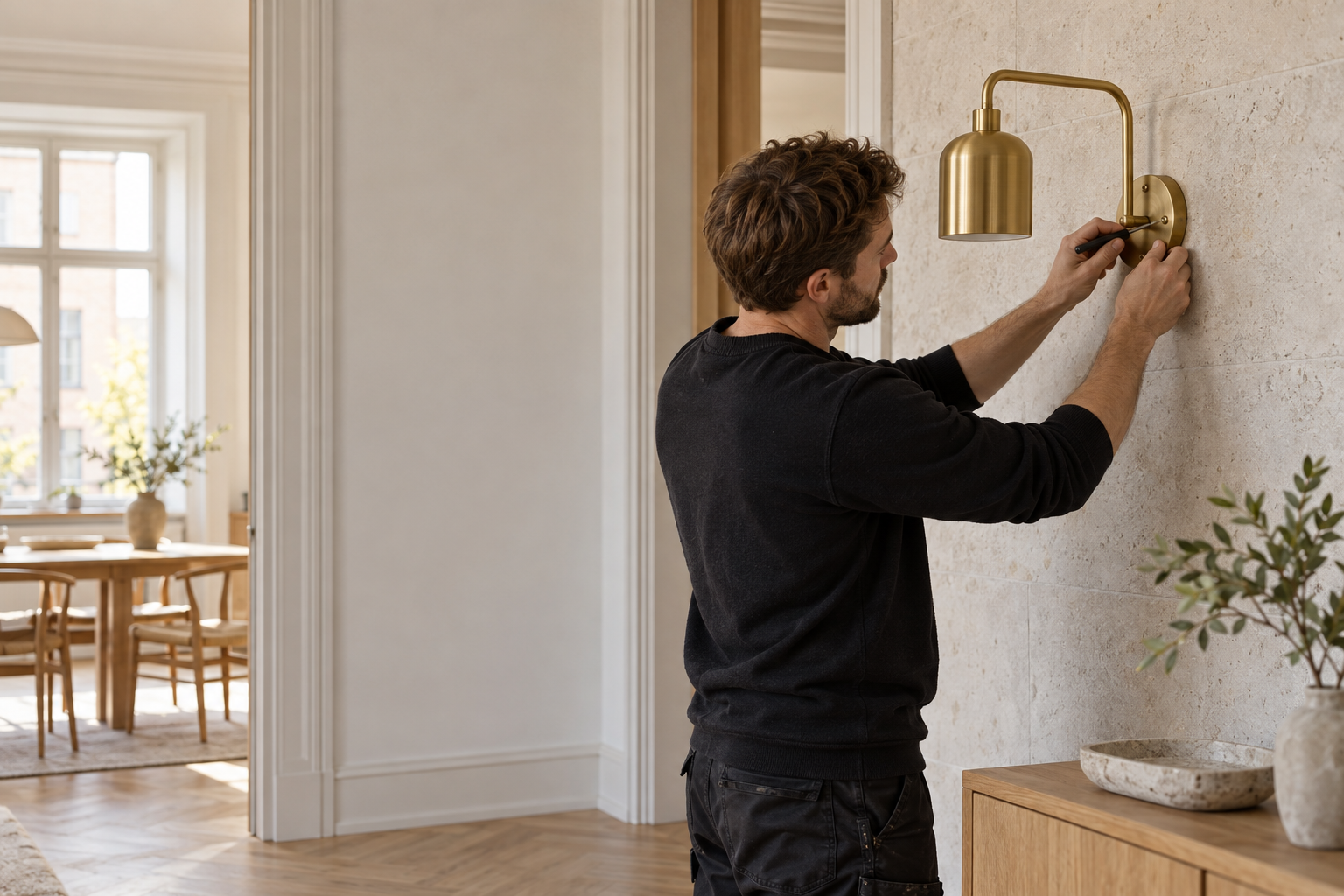 AI-genereret illustration af en elektriker, der monterer en lampe